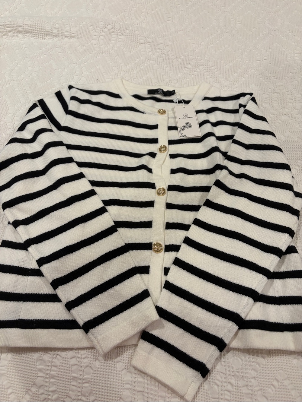 NWT Lillusory Cozy Knit Cardigan Sweater White with Black Stripes, Size L